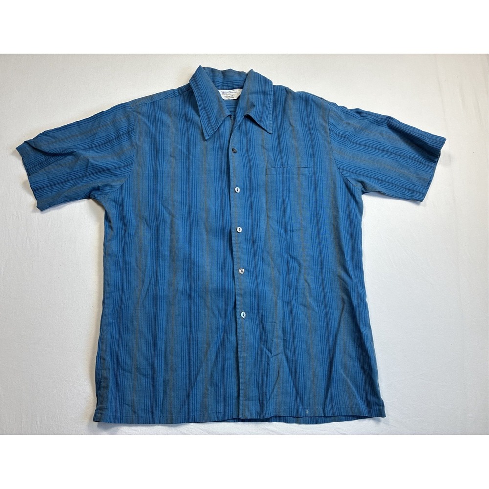 Sportsman Never Needs Ironing Made In CA Striped Blue Collared Shirt Large